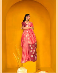 Woman wearing tulip pink khadi silk saree with intricate zari work design standing against a yellow backdrop

Let me know if you want variations for thumbnails, Pinterest, or other platforms.