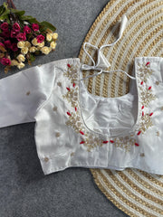 White floral embroidery Banglori silk blouse with intricate design, perfect for traditional and festive occasions.