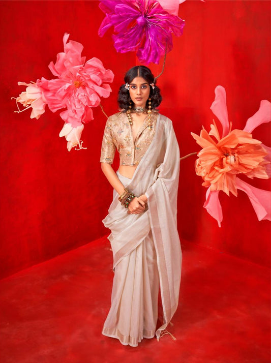 White Zari Work Saree Handloom Weaving by Rajtex Kronis