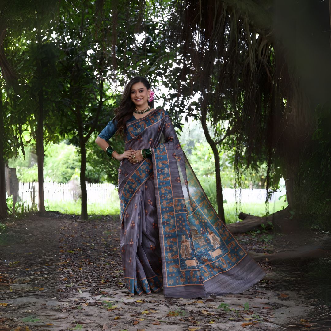 Woman wearing a grey silk saree with a blue border featuring traditional Pattachitra art and motifs, paired with green bangles and statement jewelry, standing on a leafy forest path under dense trees