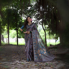 Gray & Blue Printed Soft Tussar Silk Saree