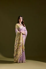 Purple & Yellow Zari Weaving Pallu Soft Muga Cotton Saree