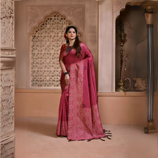 Woman wearing a maroon silk saree with a geometric patterned pallu and traditional jewelry, standing in a heritage-inspired room with ornate carved walls and decorative.