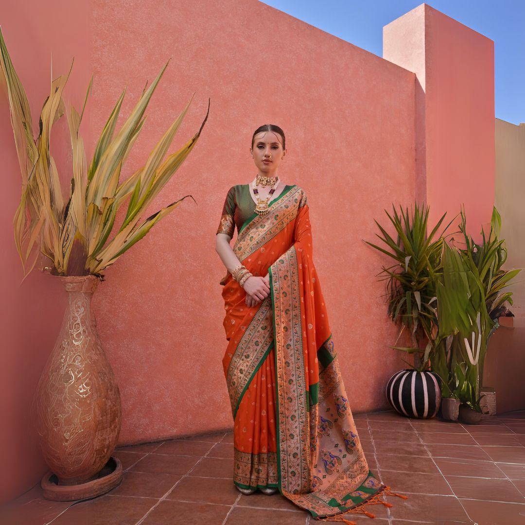 Orange & Green Zari Woven Pallu Soft Banarasi Silk Saree