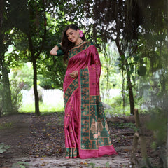 Dark Pink & Green Printed Soft Tussar Silk Saree