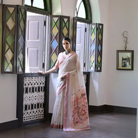 Off White & Peach Warli Weaving Soft Muga Cotton Silk Saree