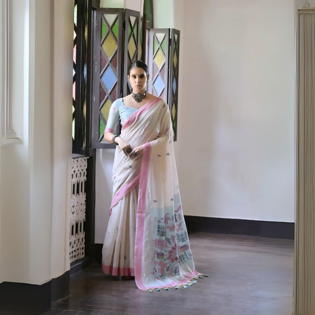 Woman wearing a white silk saree with pastel pink and blue village motifs and a tassel border, paired with a pink and blue blouse and statement necklace, standing indoors beside vintage stained glass windows.