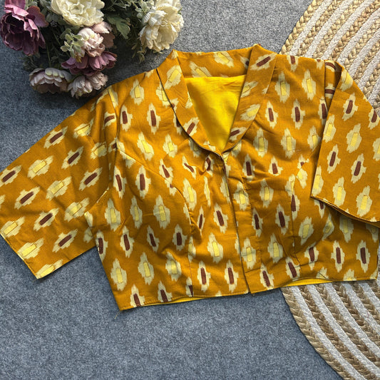 Yellow Ajrakh Print Cotton Blouse – Traditional Ajrakh Design on Soft Cotton Fabric for Elegant Styling