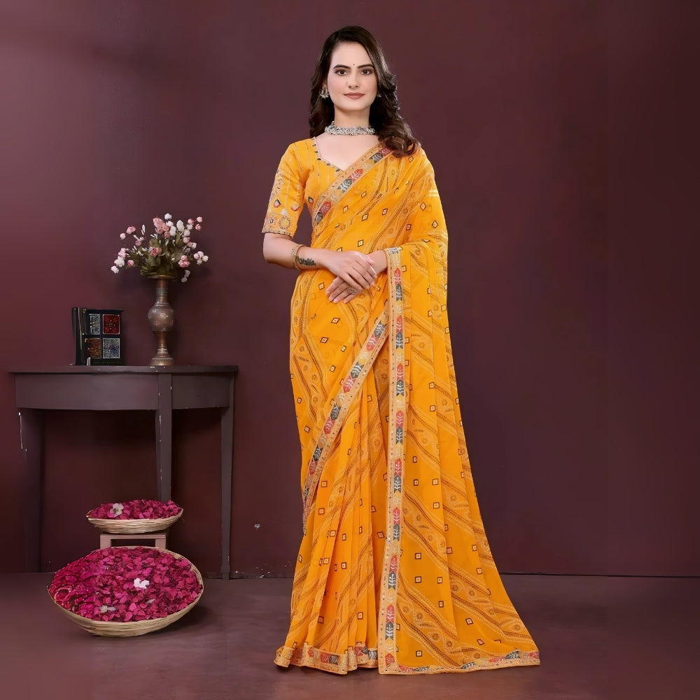Woman wearing a yellow digital print saree with embroidery work and a contrast patterned border, paired with a matching blouse in an indoor studio product image