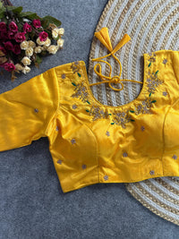Yellow Floral Embroidery Banglori Silk Blouse