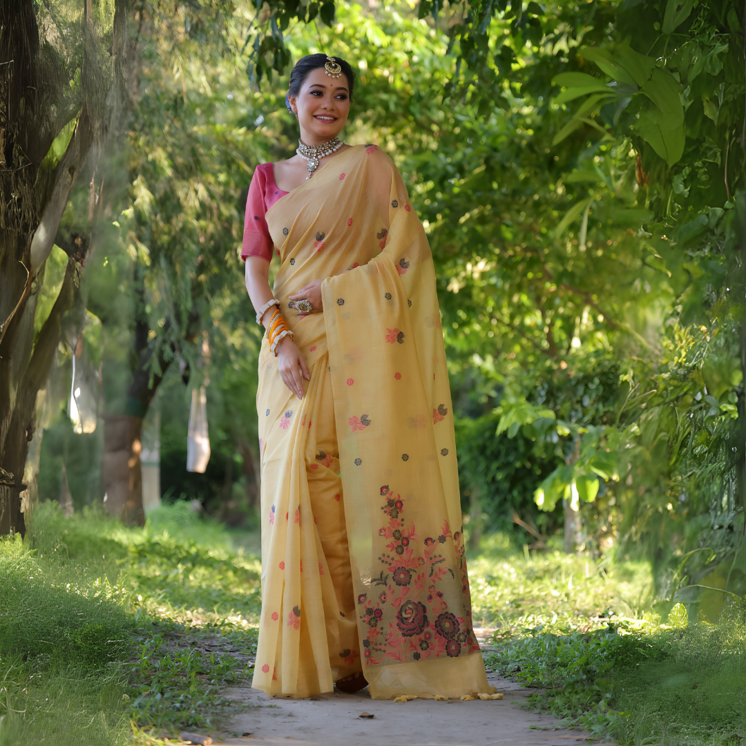 Woman wearing a yellow organza saree with delicate floral embroidery and a pink blouse, accessorized with traditional jewelry and bangles, standing on a sunlit garden path surrounded by lush green trees and foliage.