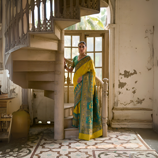 Woman wearing a bright yellow and green silk saree with intricate jacquard patterns and a green blouse, accessorized with traditional jewelry, gracefully standing on a vintage spiral staircase in a sunlit, historic interior featuring large wooden windows, ornate railings, distressed white walls, and geometric tiled flooring.