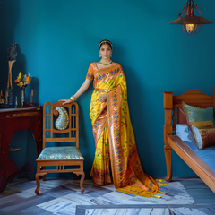 Woman wearing a vibrant yellow silk saree with multicolor geometric patterns and a matching blouse, accessorized with traditional jewelry, elegantly posing beside a wooden chair in a stylish room with teal blue walls, wooden bed, and decorative accents.