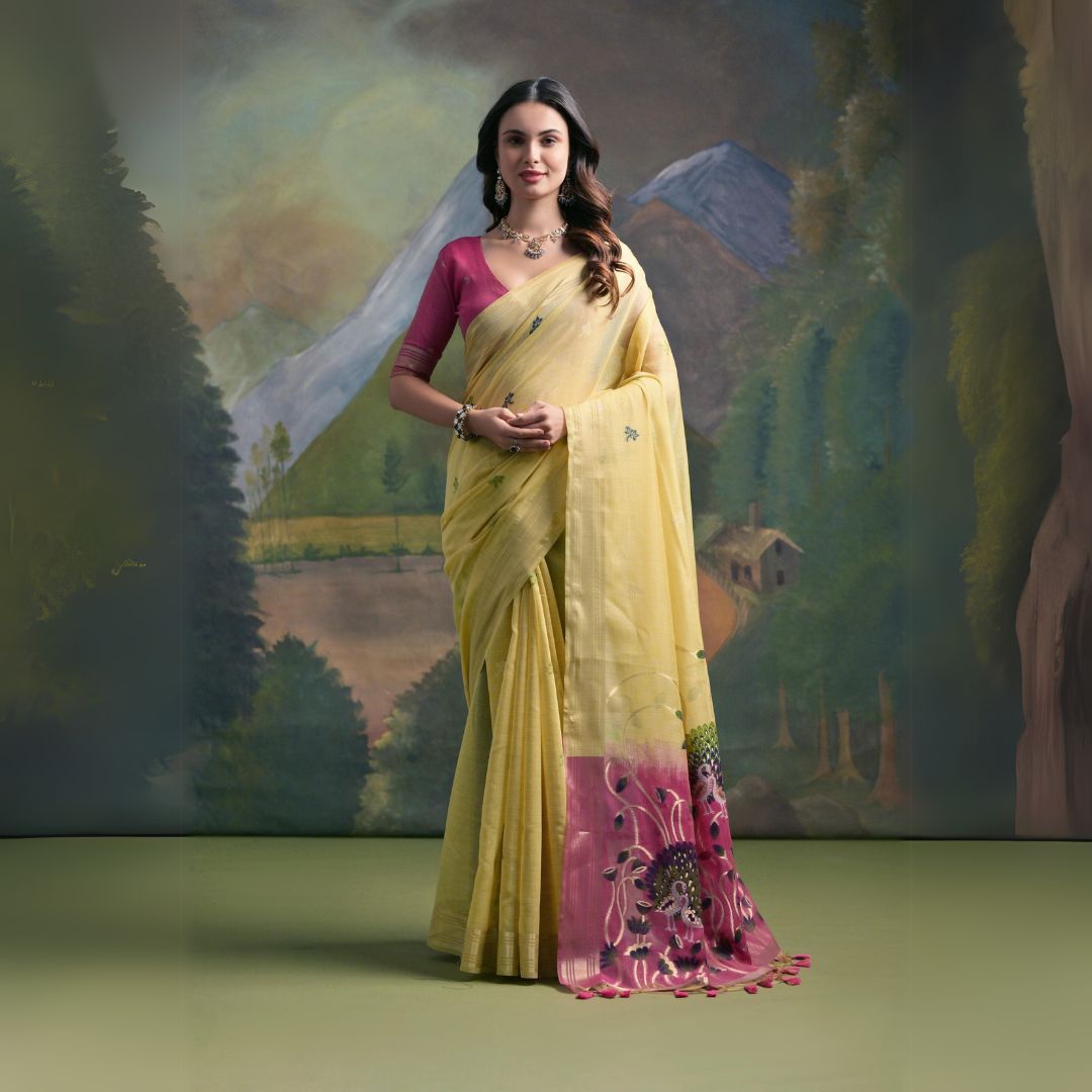 Woman wearing a light yellow saree with a contrasting pink pallu featuring floral embroidery, paired with a matching pink blouse and traditional jewelry, standing in front of a painted mountain and forest backdrop.