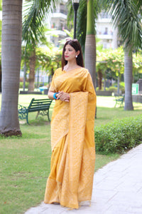 Yellow Traditional Weaving Banglori Raw Silk Saree