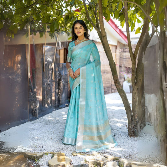 Woman wearing powder blue Zari weaving saree posing outdoors in traditional Indian ethnic attire