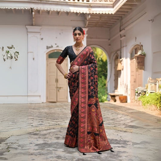 Woman wearing black Zari work saree standing outdoors in traditional Indian ethnic attire