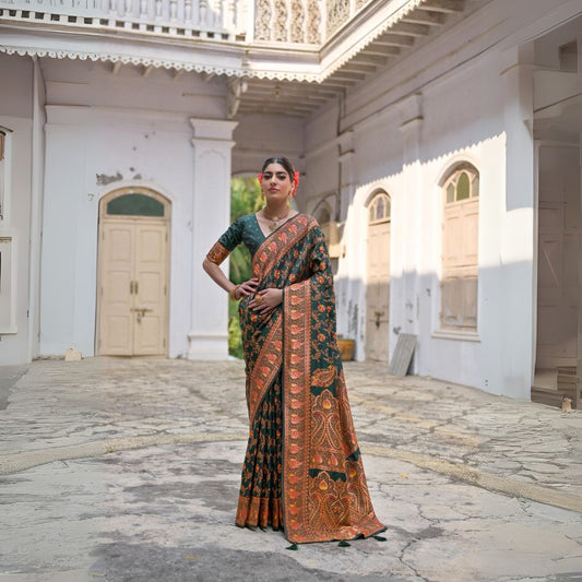 Deep Green Zari Work Soft Pashmina Silk Saree