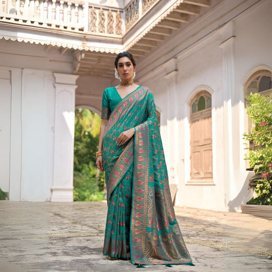 Deep Teal Zari Work Soft Pashmina Silk Saree