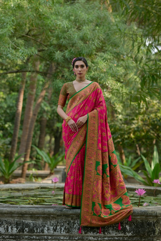 Dark pink Zari work soft Pashmina silk saree featuring intricate Kashmiri-style jal weaving, ideal for festive and traditional occasions.