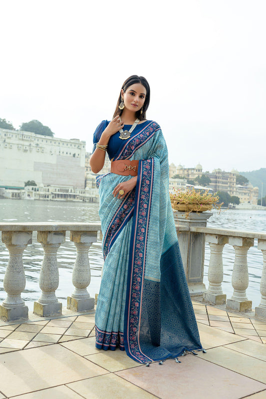 Powder blue zari work soft pashmina silk saree showcasing intricate craftsmanship and elegant details ideal for festive and traditional occasions.