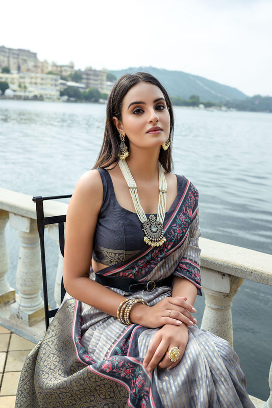 Gray Zari Work soft silk saree showcasing intricate craftsmanship and refined detailing perfect for festive and traditional occasions
