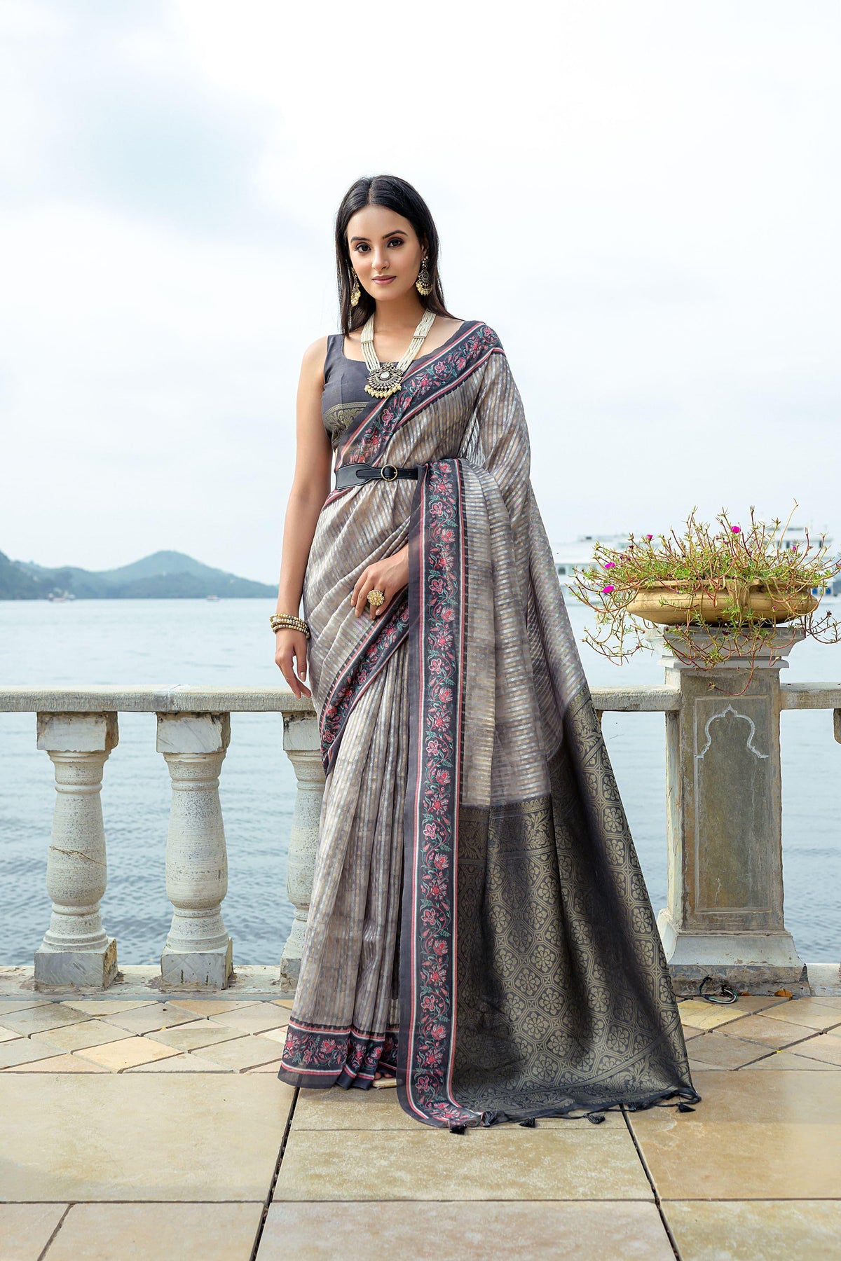 Gray Zari Work soft silk saree showcasing intricate craftsmanship and elegant detailing ideal for festive and traditional occasions