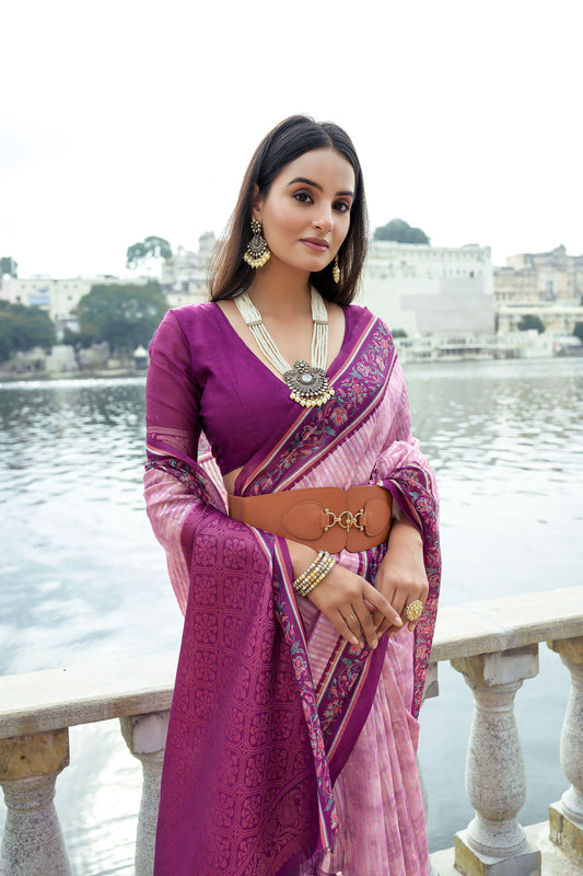 Light pink zari work soft silk saree showcasing intricate craftsmanship and elegant detailing, perfect for festive and traditional occasions.